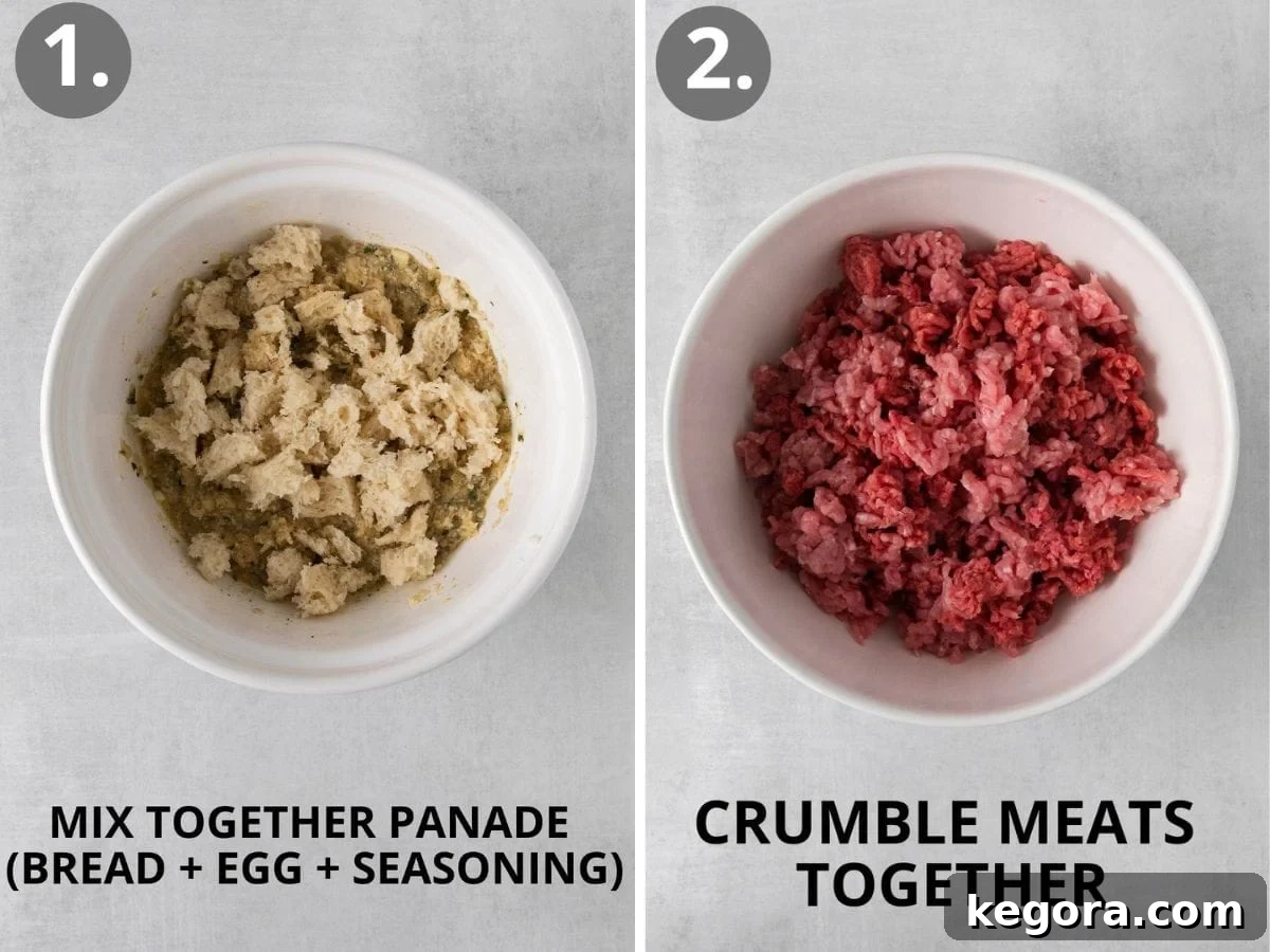 Traditional Italian Gluten Free Meatballs 4 step 1 mix panade and step 2 crumble meat together.