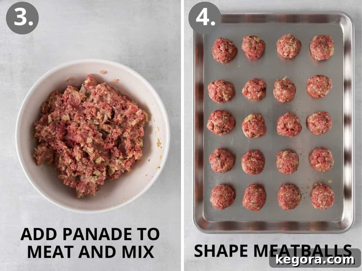 Traditional Italian Gluten Free Meatballs 5 step 3 add panade to meat and step 4 shape meatballs.