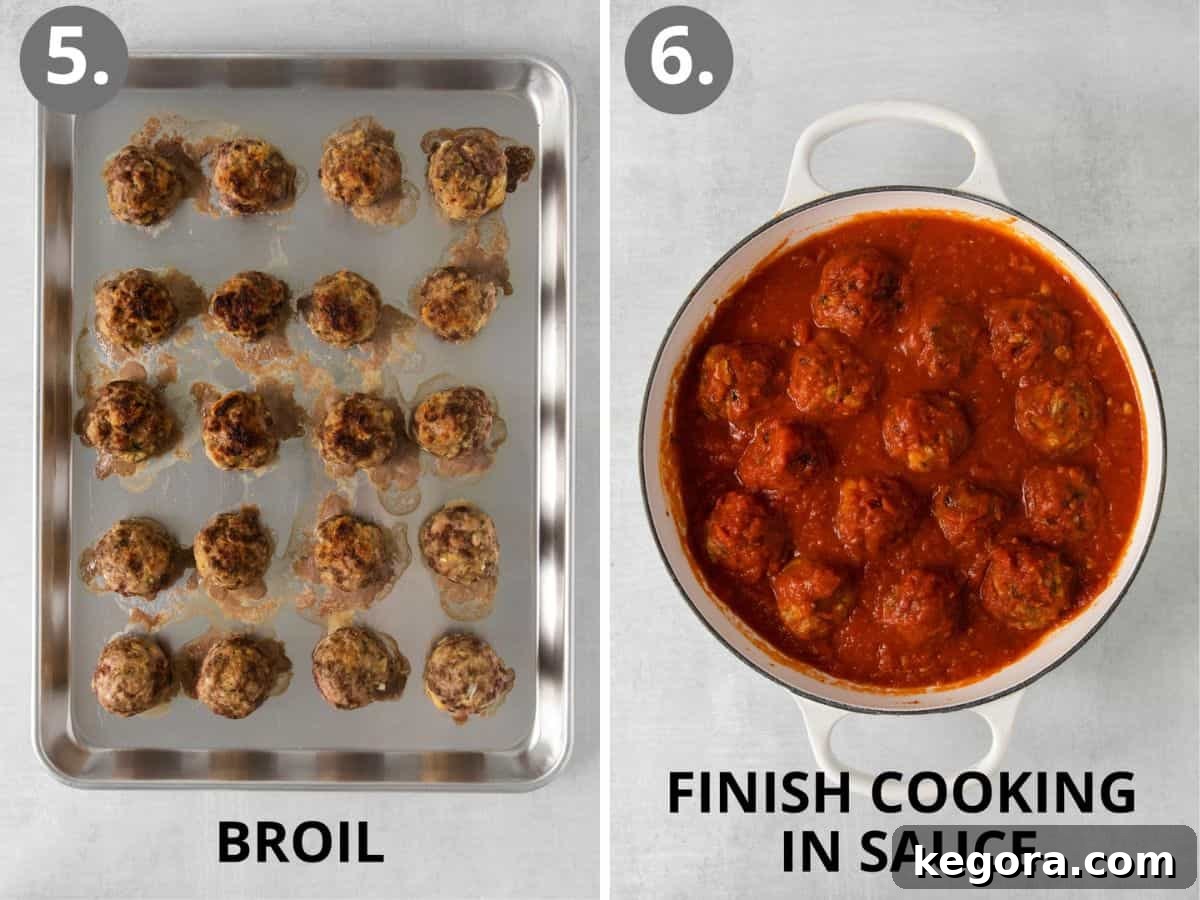 Traditional Italian Gluten Free Meatballs 6 step 5 broil and step 6 finish cooking in red sauce.