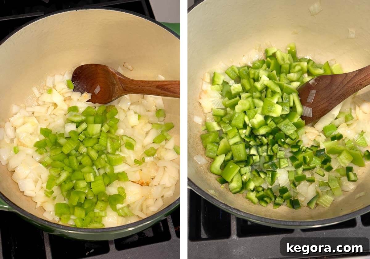 Plant-Powered White Bean Chili 5 Sautéing diced onion, celery, bell pepper, and jalapeño in a Dutch oven