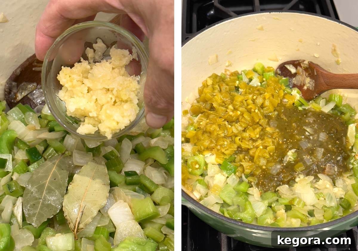 Plant-Powered White Bean Chili 6 Adding garlic, diced green chiles, and salsa verde to the sautéed vegetables