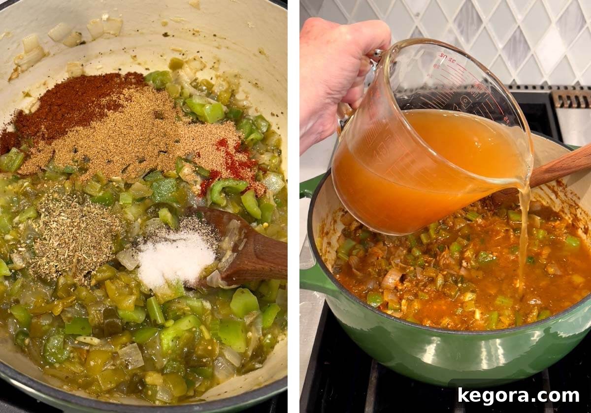Plant-Powered White Bean Chili 7 Tex-Mex spices added to the chili base, along with diced green chiles and salsa verde