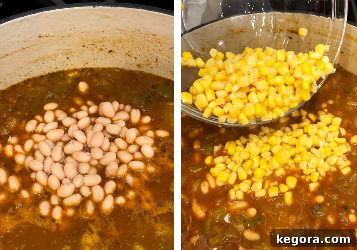 Plant-Powered White Bean Chili 8 White beans and corn kernels being added to the simmering chili