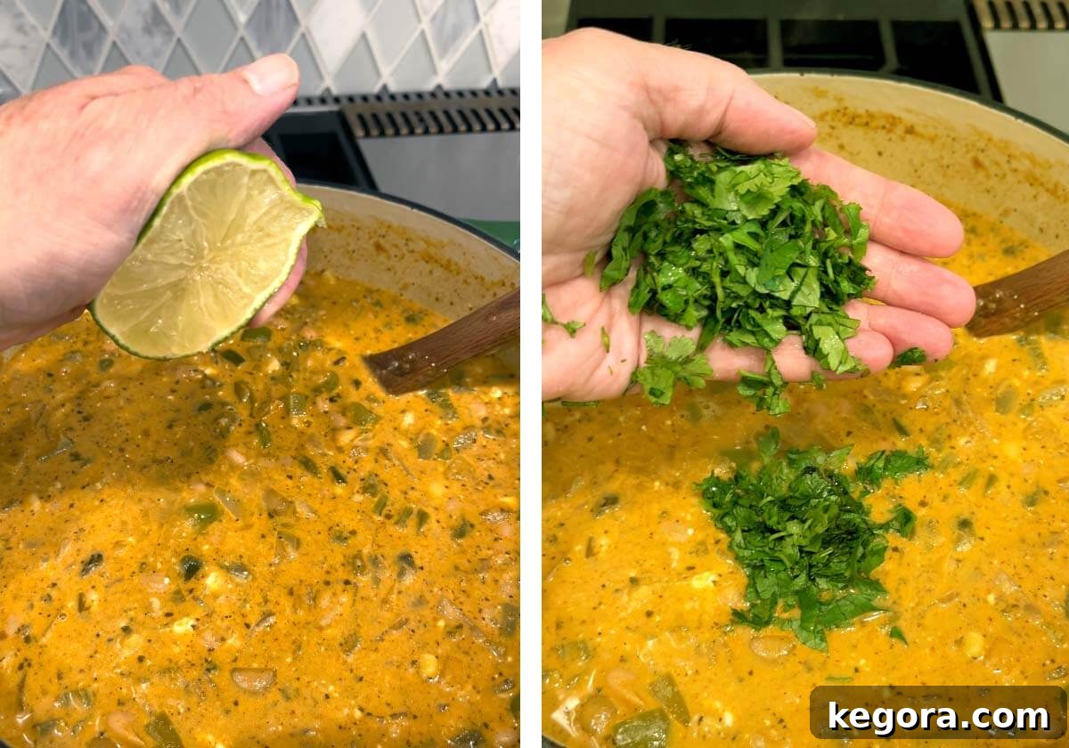 Plant-Powered White Bean Chili 10 Fresh lime juice being squeezed into the chili, and chopped cilantro added