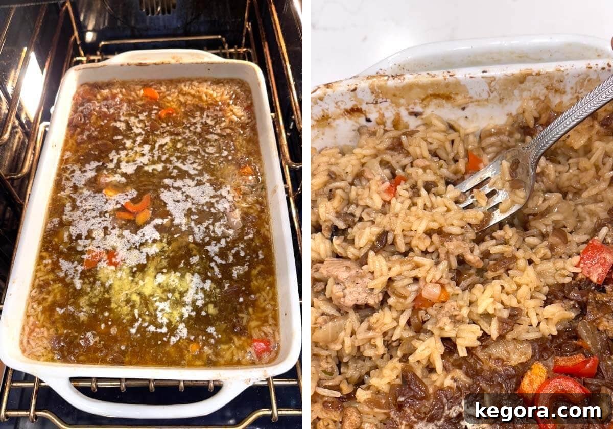 Foil is removed from the baking dish in the oven, revealing the nearly cooked casserole, which is then fluffed with a fork.