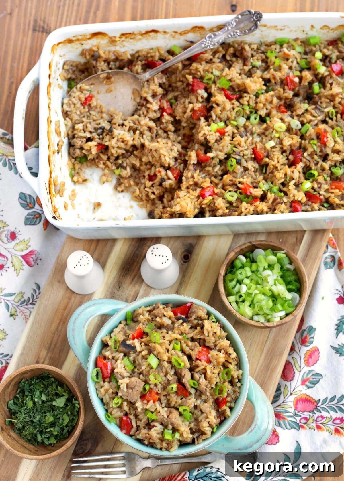 Hamburger Rice Casserole in a white baking dish and a green bowl, photographed from above, showcasing its comforting appeal.
