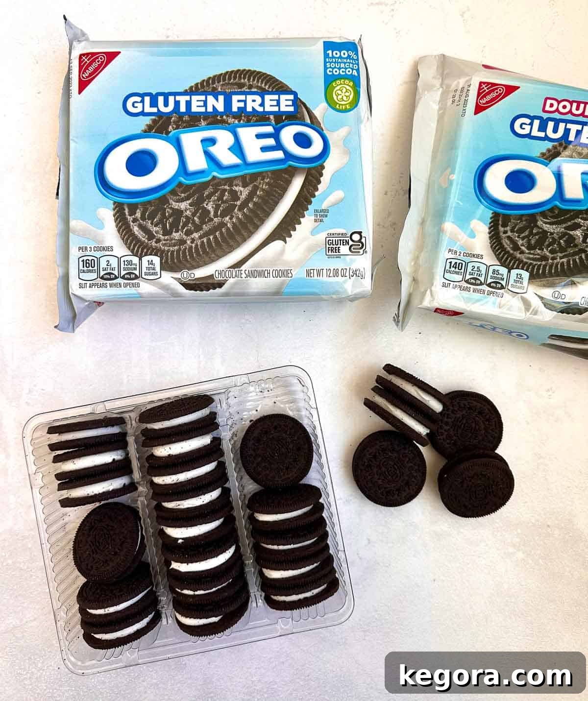 The Truth About Oreos and Gluten 3 A close-up view of two unopened packages of Gluten-Free Oreos, clearly displaying the 'Gluten-Free' certification and product details, set against a clean white backdrop.