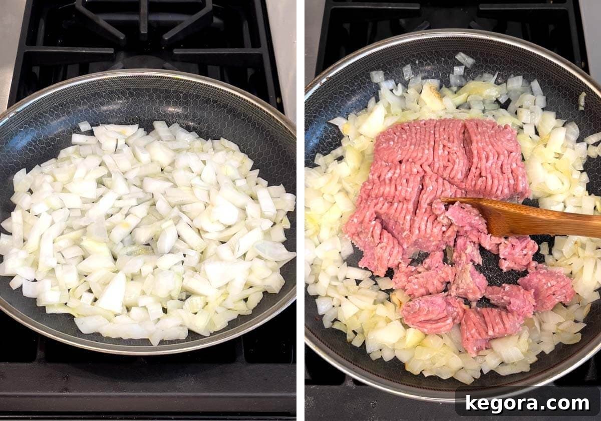 Cooking chopped onion and ground meat in a large skillet, the first step of the casserole preparation.