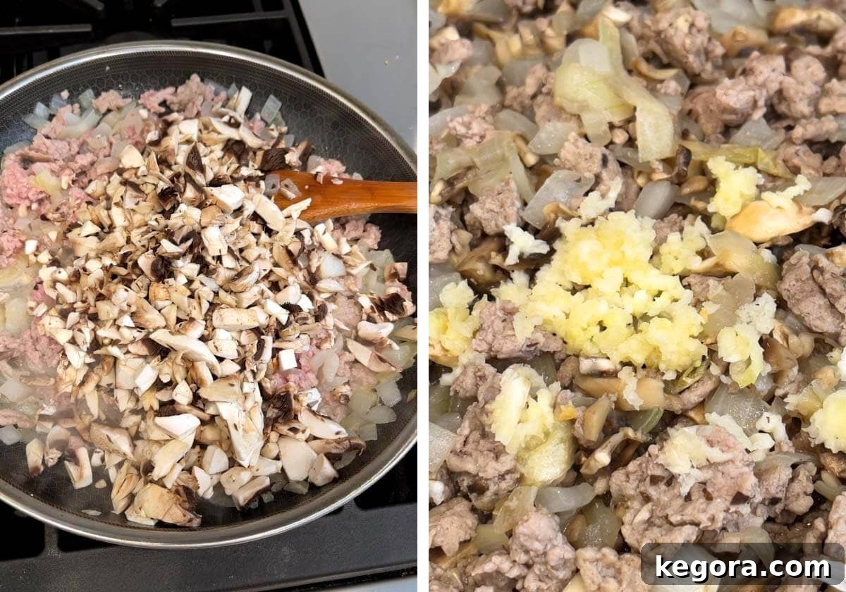 Chopped mushrooms are added to the ground meat mixture, followed by minced garlic, enhancing the aroma and flavor.