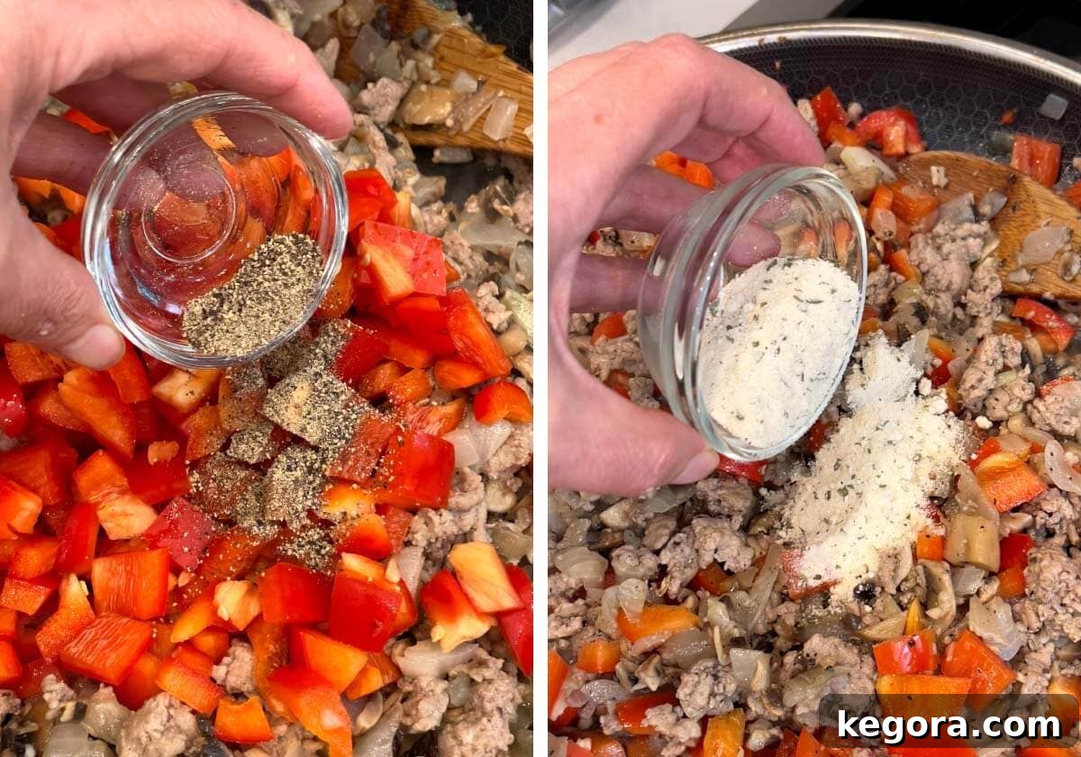 Red bell pepper is added to the skillet, then seasoned with salt, black pepper, and ranch seasoning, creating a vibrant mixture.