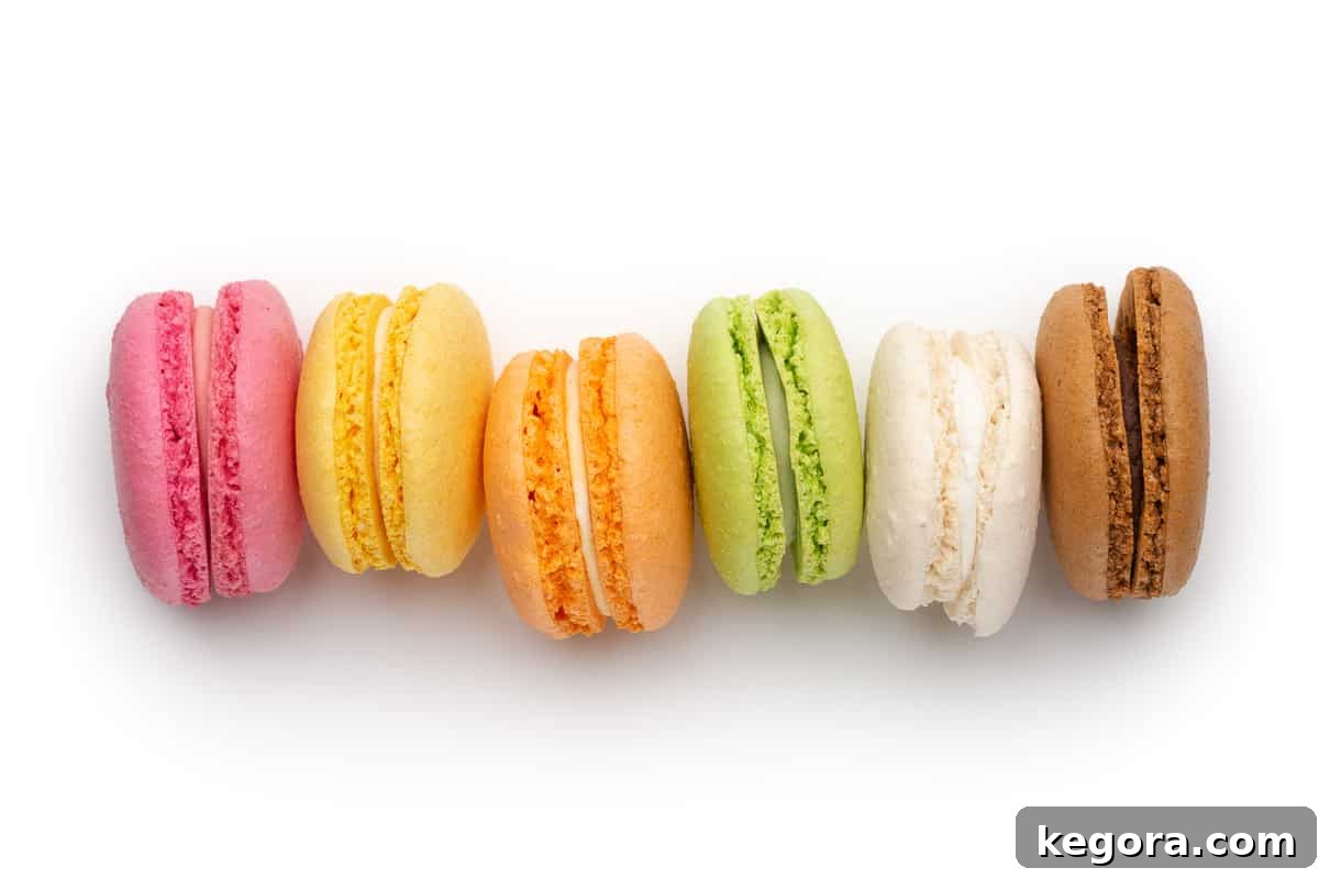 different color macarons lined up in a row