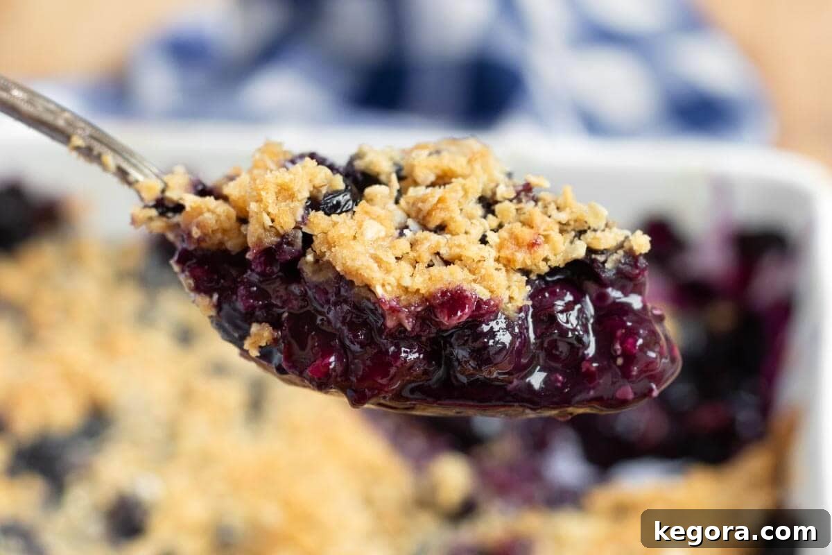 Easy Blueberry Crisp on a spoon, showing the juicy filling and crisp topping