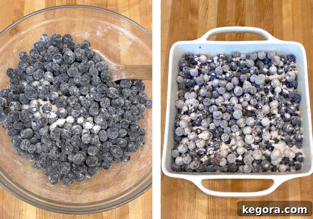 Effortless Blueberry Crumble 6 Blueberries mixed with filling ingredients and added to baking dish