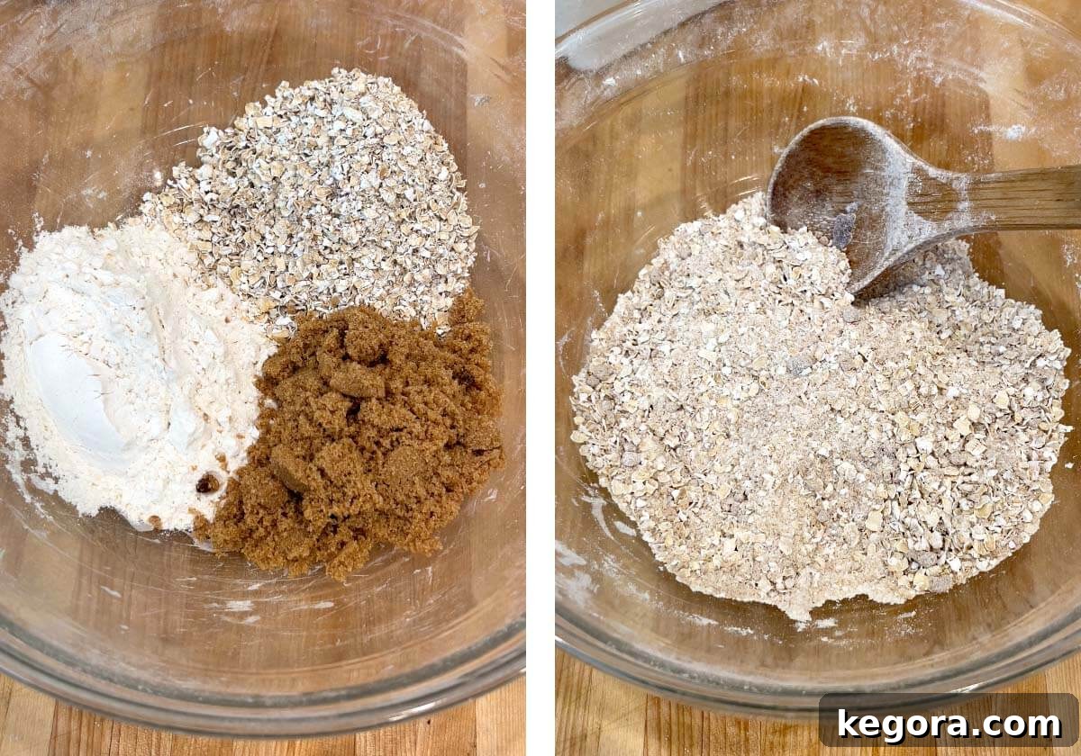 Effortless Blueberry Crumble 7 Dry crisp ingredients in glass bowl, mixed together