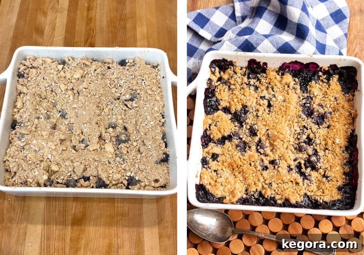 Effortless Blueberry Crumble 9 Crisp mixture over blueberry filling in baking dish before and after baking