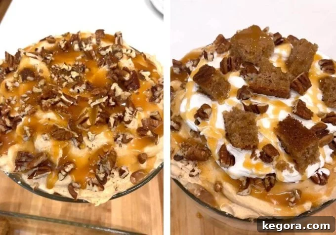 Stunning Make Ahead Pumpkin Trifle Fall Favorite 11 Caramel sauce drizzled over pecan layer, followed by a whipped topping layer.