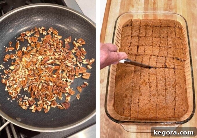 Stunning Make Ahead Pumpkin Trifle Fall Favorite 5 Images showing the steps of toasting pecans in a pan and cutting baked cake into cubes.