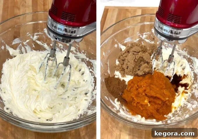 Stunning Make Ahead Pumpkin Trifle Fall Favorite 6 Close-up image of mixing the creamy pumpkin filling in a bowl with a hand mixer.