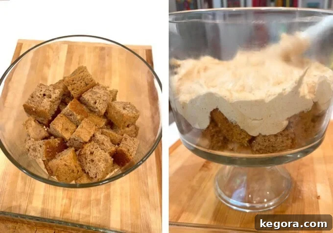 Stunning Make Ahead Pumpkin Trifle Fall Favorite 8 First layer of cake cubes placed in a trifle dish.