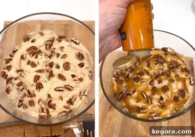 Stunning Make Ahead Pumpkin Trifle Fall Favorite 9 Pumpkin cream filling spread over cake layer in trifle dish.