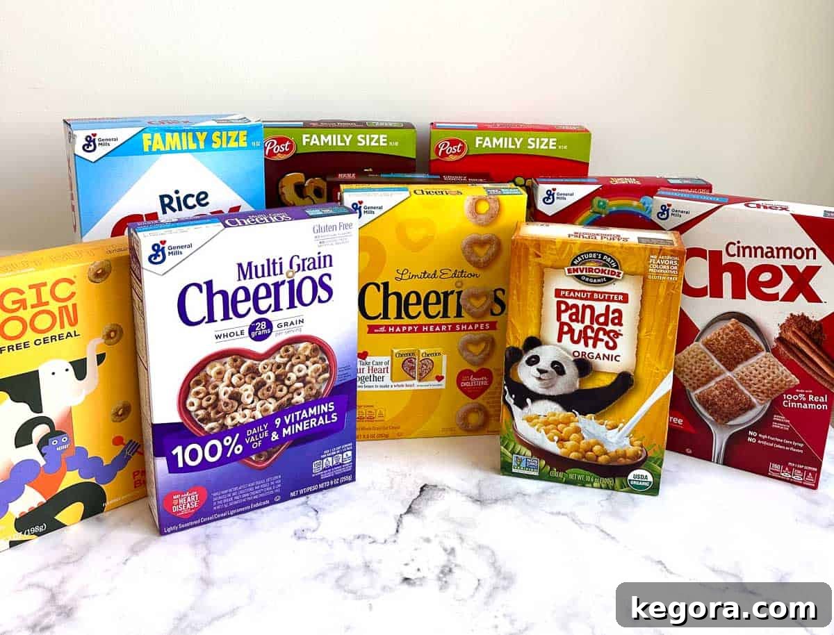A curated display of various gluten-free cereal boxes, indicating safe choices for a gluten-free diet.