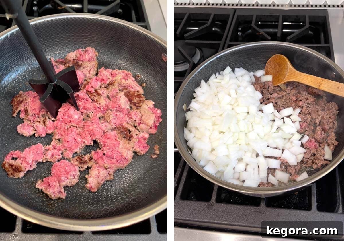 Savory One-Pan Beef and Cabbage Dinner 4 Browning lean ground beef with chopped onions in a large skillet until softened.