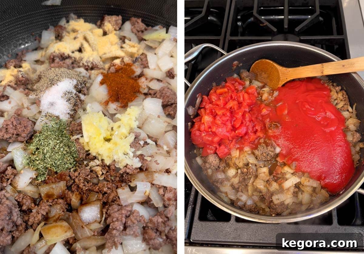 Savory One-Pan Beef and Cabbage Dinner 5 Adding garlic, salt, black pepper, paprika, Italian seasoning, Worcestershire sauce, and diced tomatoes to the ground beef mixture.