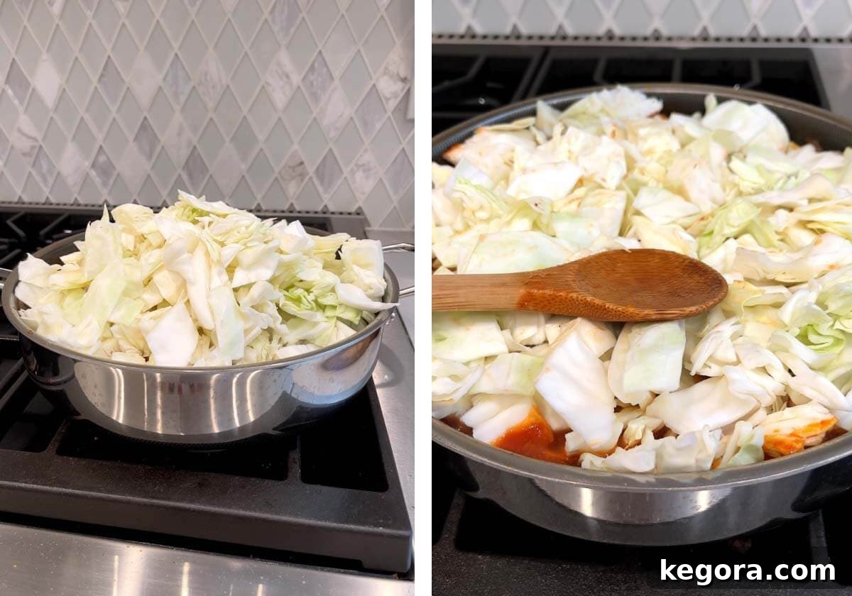 Savory One-Pan Beef and Cabbage Dinner 7 Chopped green cabbage added on top of the simmering beef mixture and pressed down into the liquid.