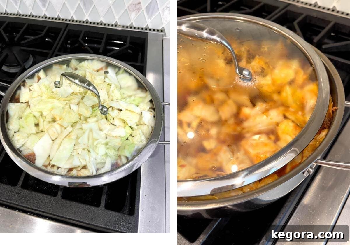 Savory One-Pan Beef and Cabbage Dinner 8 Skillet covered with a lid to steam and tenderize the cabbage with the ground beef mixture.