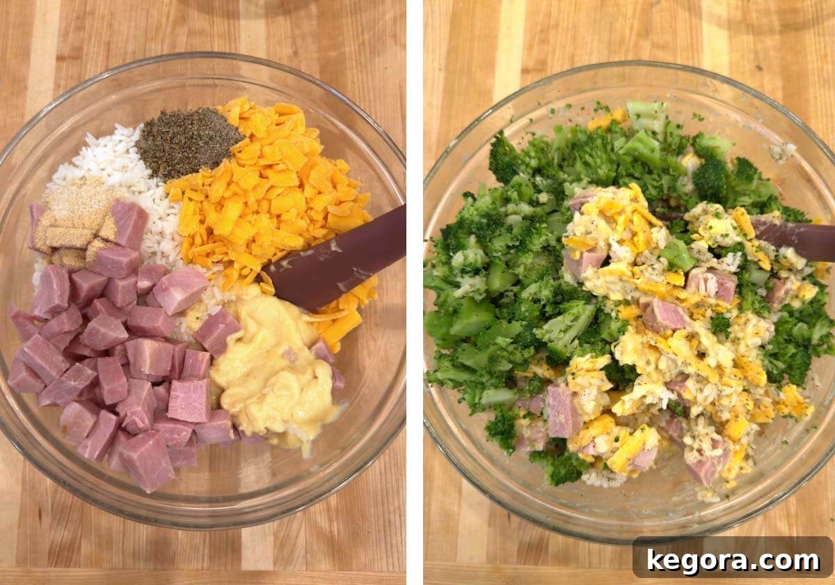 Hearty Ham and Broccoli Rice Bake 5 Mixing diced ham, cream of chicken soup, rice, and seasonings in a large bowl before adding broccoli.