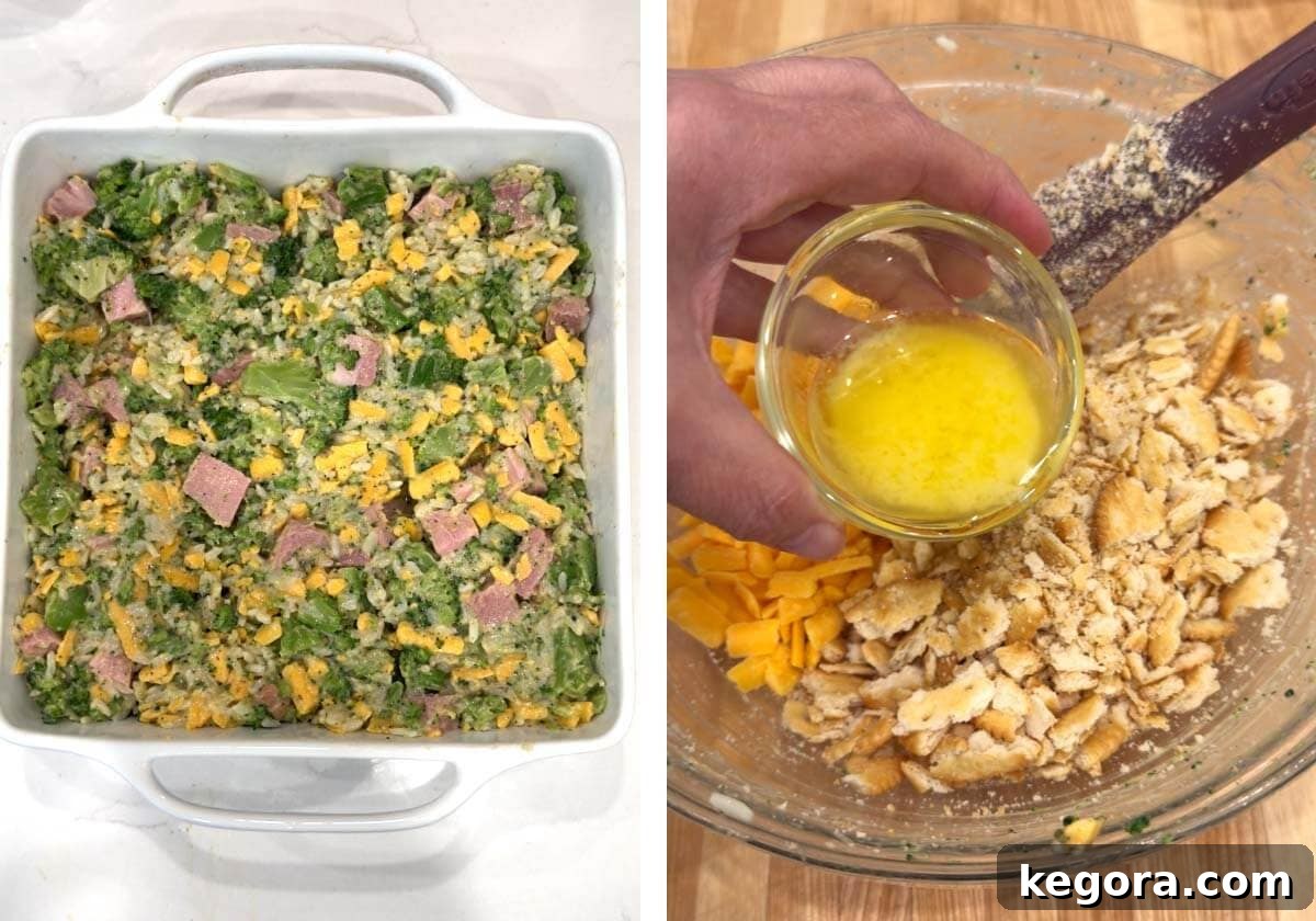 Hearty Ham and Broccoli Rice Bake 6 The ham and broccoli rice casserole mixture spread in a baking dish, with a separate bowl showing melted butter being mixed into cracker crumbs for the topping.