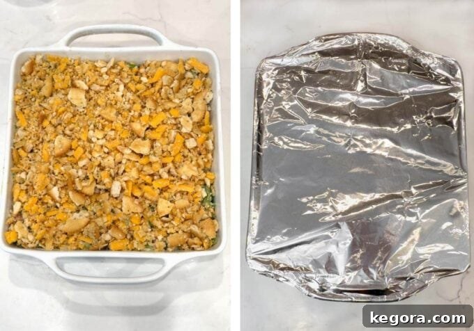 Hearty Ham and Broccoli Rice Bake 7 Ham and Broccoli Rice Casserole in a baking dish, covered with aluminum foil and ready for the oven.