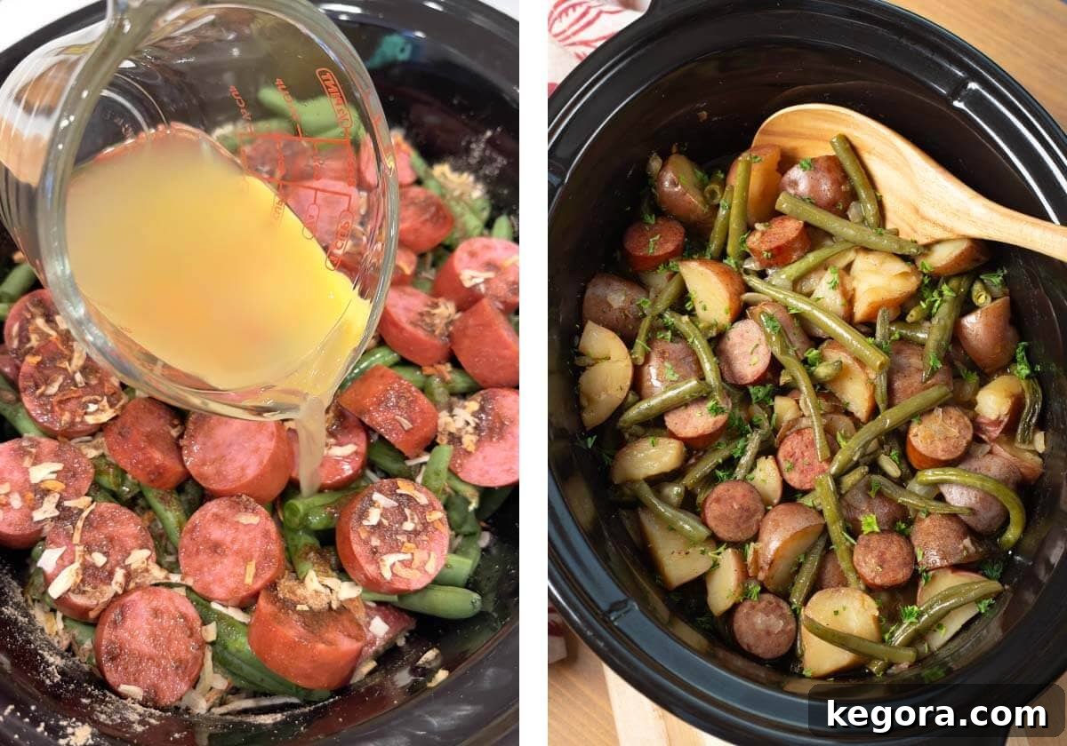 Chicken broth being poured over the layered ingredients in the slow cooker, ready for cooking, and a final image of the cooked Crockpot Swamp Potatoes.