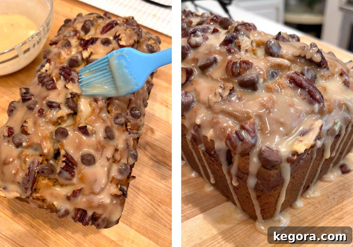 Autumn Maple Chocolate Chip Pumpkin Loaf 11 Brushing maple glaze onto a warm pumpkin loaf