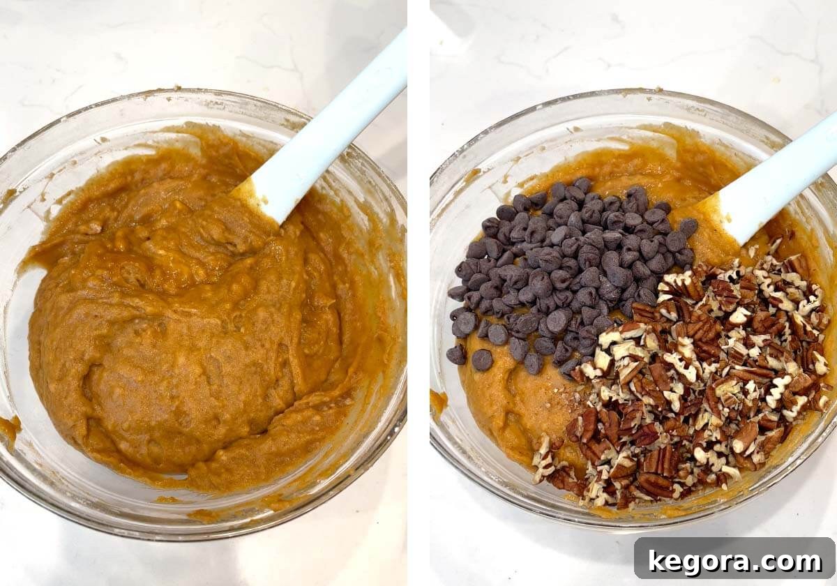 Autumn Maple Chocolate Chip Pumpkin Loaf 7 Adding chocolate chips and nuts to pumpkin bread batter