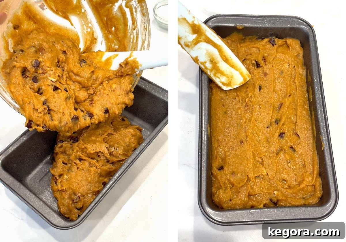 Autumn Maple Chocolate Chip Pumpkin Loaf 8 Pouring pumpkin bread batter into loaf pan
