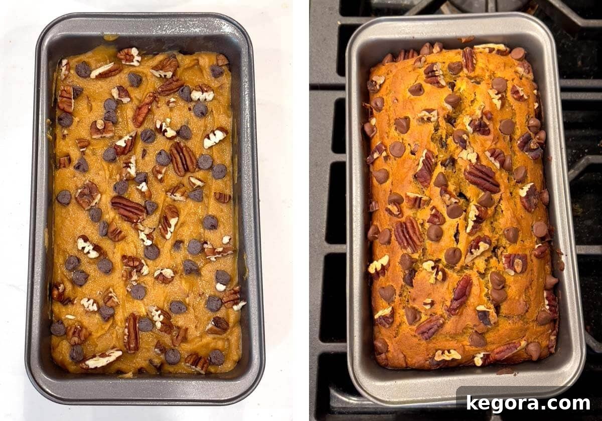 Autumn Maple Chocolate Chip Pumpkin Loaf 9 Pumpkin loaf before and after baking, showing rise