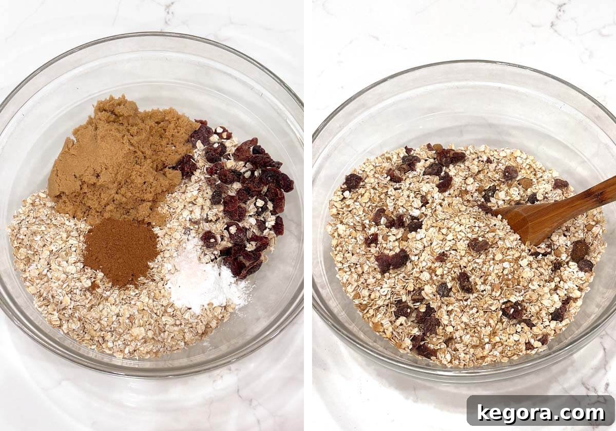 Cozy Morning Pumpkin Oatmeal Bake 5 Dry ingredients for baked oatmeal: oats, spices, and cranberries in a large mixing bowl, stirred together