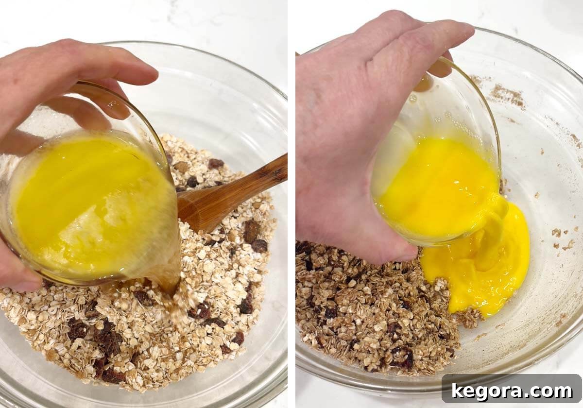 Cozy Morning Pumpkin Oatmeal Bake 6 Adding melted butter and beaten eggs to the oat mixture in a bowl