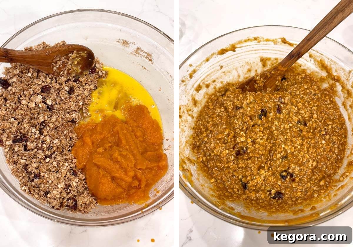 Cozy Morning Pumpkin Oatmeal Bake 7 Pumpkin puree, vanilla extract, and maple syrup being added to the oat mixture