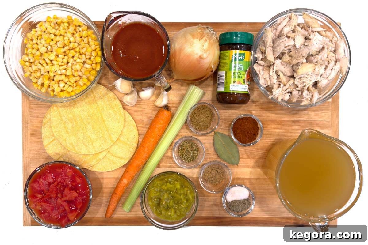 Slow Cooker Southwest Chicken Tortilla Soup 4 Various fresh ingredients for Crockpot Chicken Tortilla Soup laid out on a wooden cutting board, including diced vegetables, spices, and cans of beans and tomatoes.