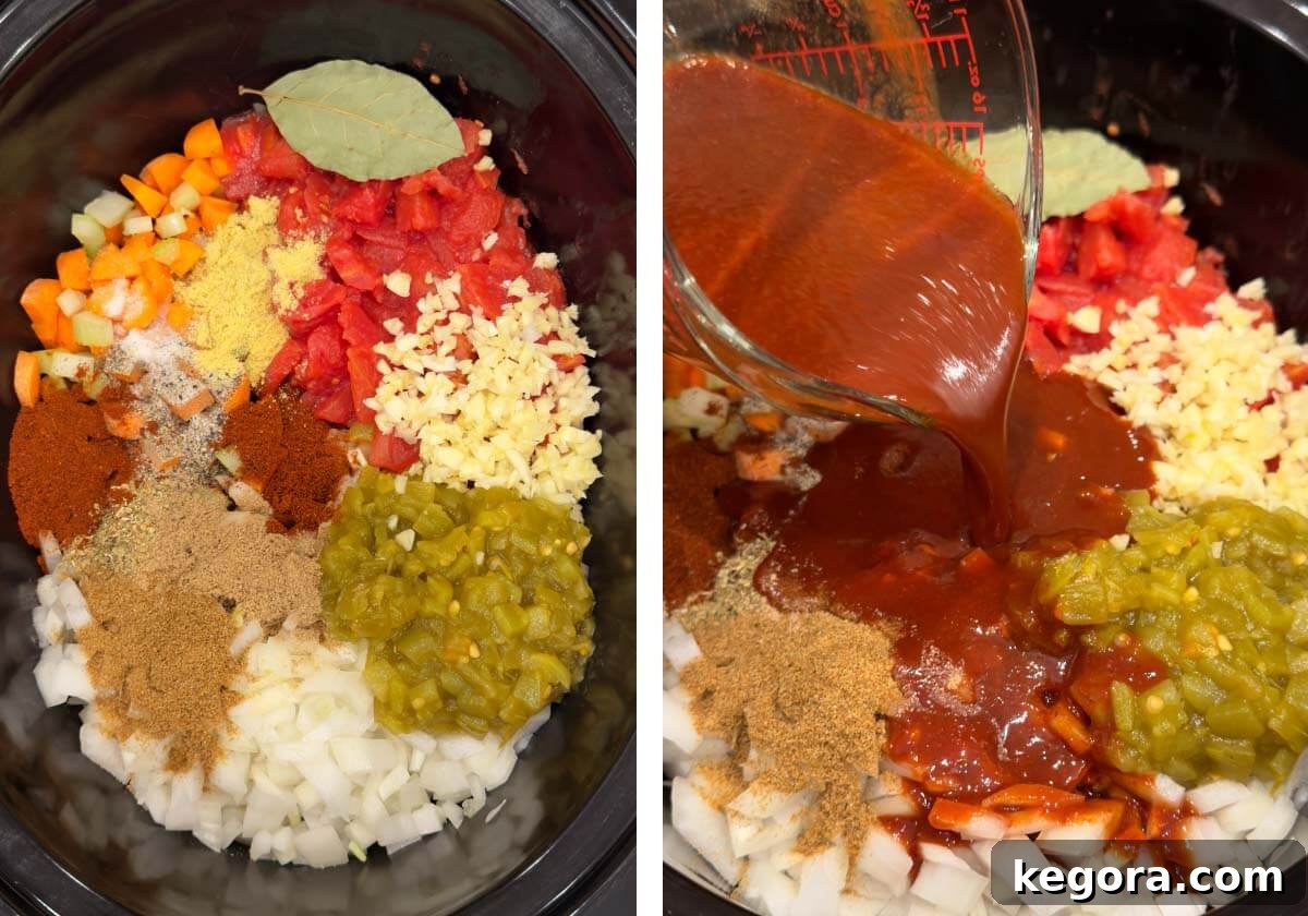Slow Cooker Southwest Chicken Tortilla Soup 5 Freshly diced vegetables and a variety of Tex-Mex spices being added to the bottom of a crockpot, followed by a pour of red enchilada sauce.