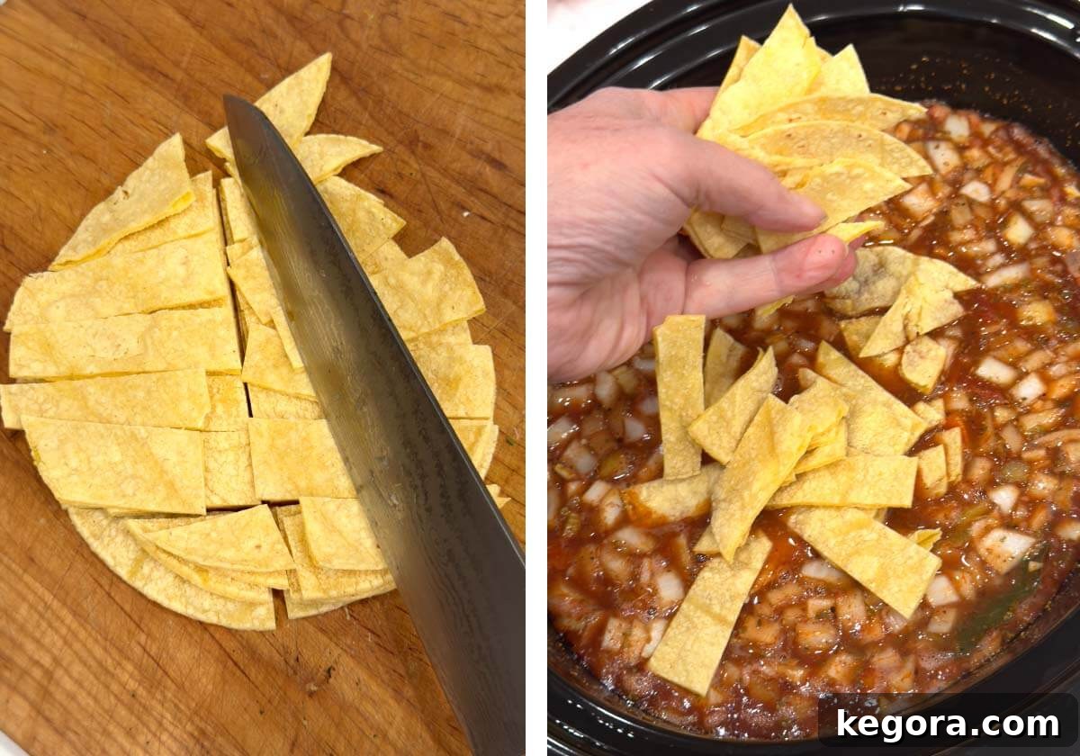Slow Cooker Southwest Chicken Tortilla Soup 7 Corn tortillas being cut into strips on a cutting board, then added to the simmering Crockpot Chicken Tortilla Soup.