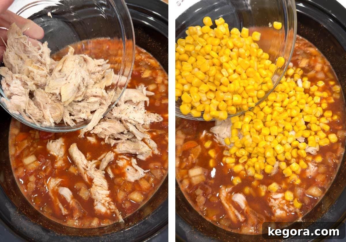 Slow Cooker Southwest Chicken Tortilla Soup 8 Shredded cooked chicken and fresh corn kernels being added to the Crockpot Chicken Tortilla Soup, ready for further simmering.