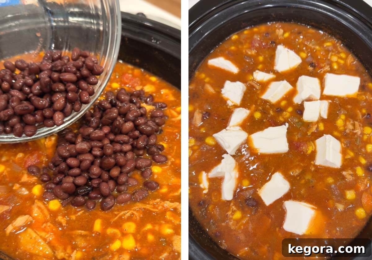 Slow Cooker Southwest Chicken Tortilla Soup 9 Black beans and cubed cream cheese being gently stirred into the Crockpot Chicken Tortilla Soup for a creamy and hearty finish.