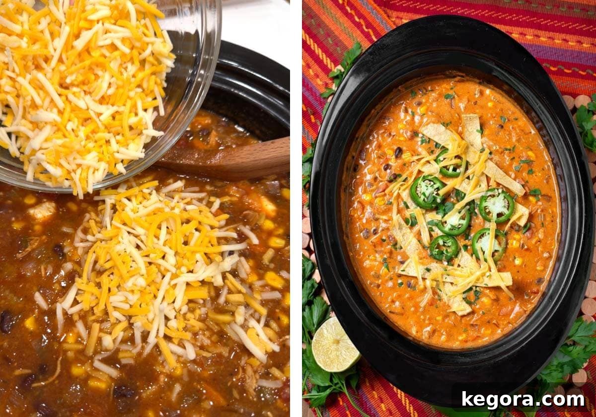Slow Cooker Southwest Chicken Tortilla Soup 10 The finished Crockpot Chicken Tortilla Soup in the slow cooker, after stirring in shredded cheese, with a rich and creamy texture.