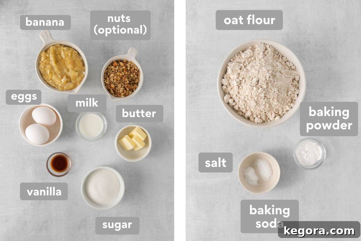 Wholesome Oat Banana Loaf 4 An array of ingredients including oat flour, bananas, eggs, butter, and milk, laid out for baking oat flour banana bread.