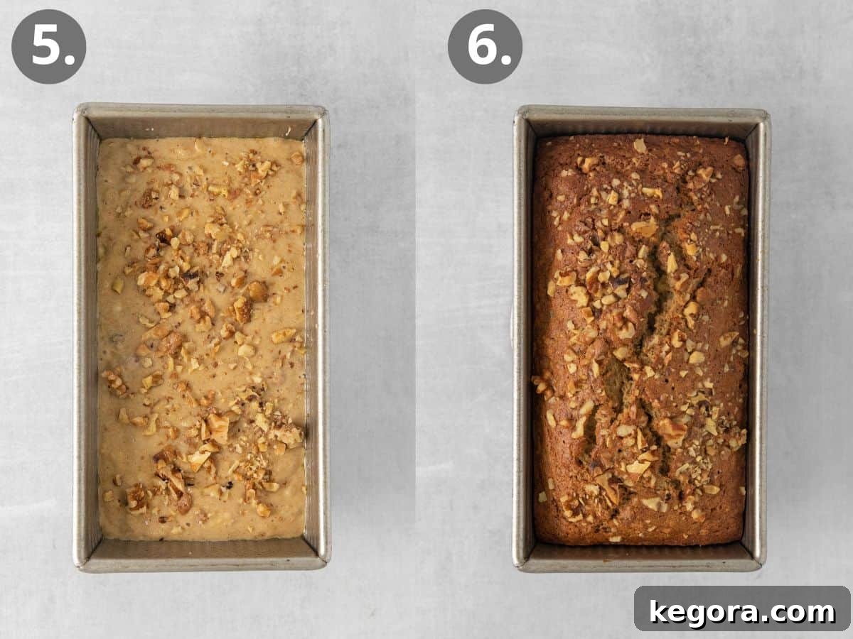 Wholesome Oat Banana Loaf 7 Unbaked banana bread batter in a loaf pan, followed by the beautifully baked golden-brown loaf.