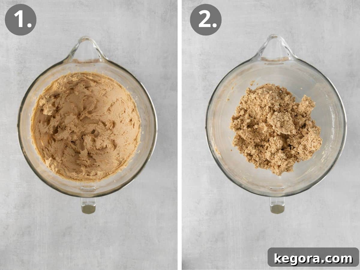 Gluten-free oatmeal cream pie batter in a bowl, and mixed batter in a bowl