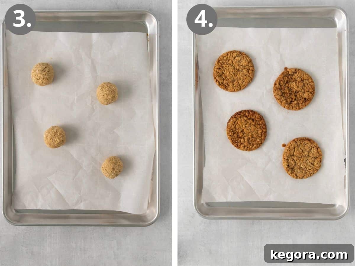 Oatmeal cream pie cookie batter on a baking sheet, and baked oatmeal pies